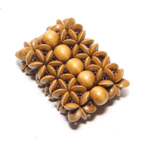 Vintage 90s Chunky Wood Look Beads Stretch Bracelet 2 3/8" wide - Picture 3 of 5